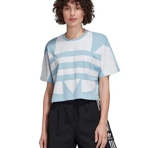 Adidas Originals Boxy Blue/White Trefoil Design Cropped T-Shirt. Size Large